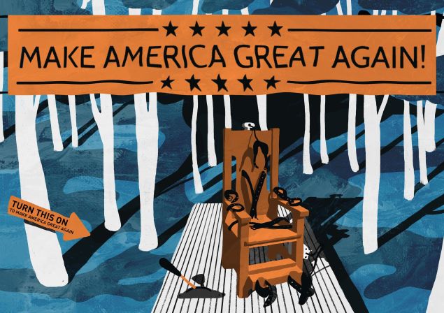 A 1920's electric chair stands on a wooden base in the forest underneath the banner "Make America Great Again" (see illustration). A phrase exploited by Donald Trump. This idea was created for a joint project we were developing with Banksy, yet plans for that show were postponed, so this concept is original and would make a great piece in the forest.