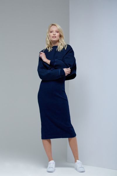 An indigo knit dress