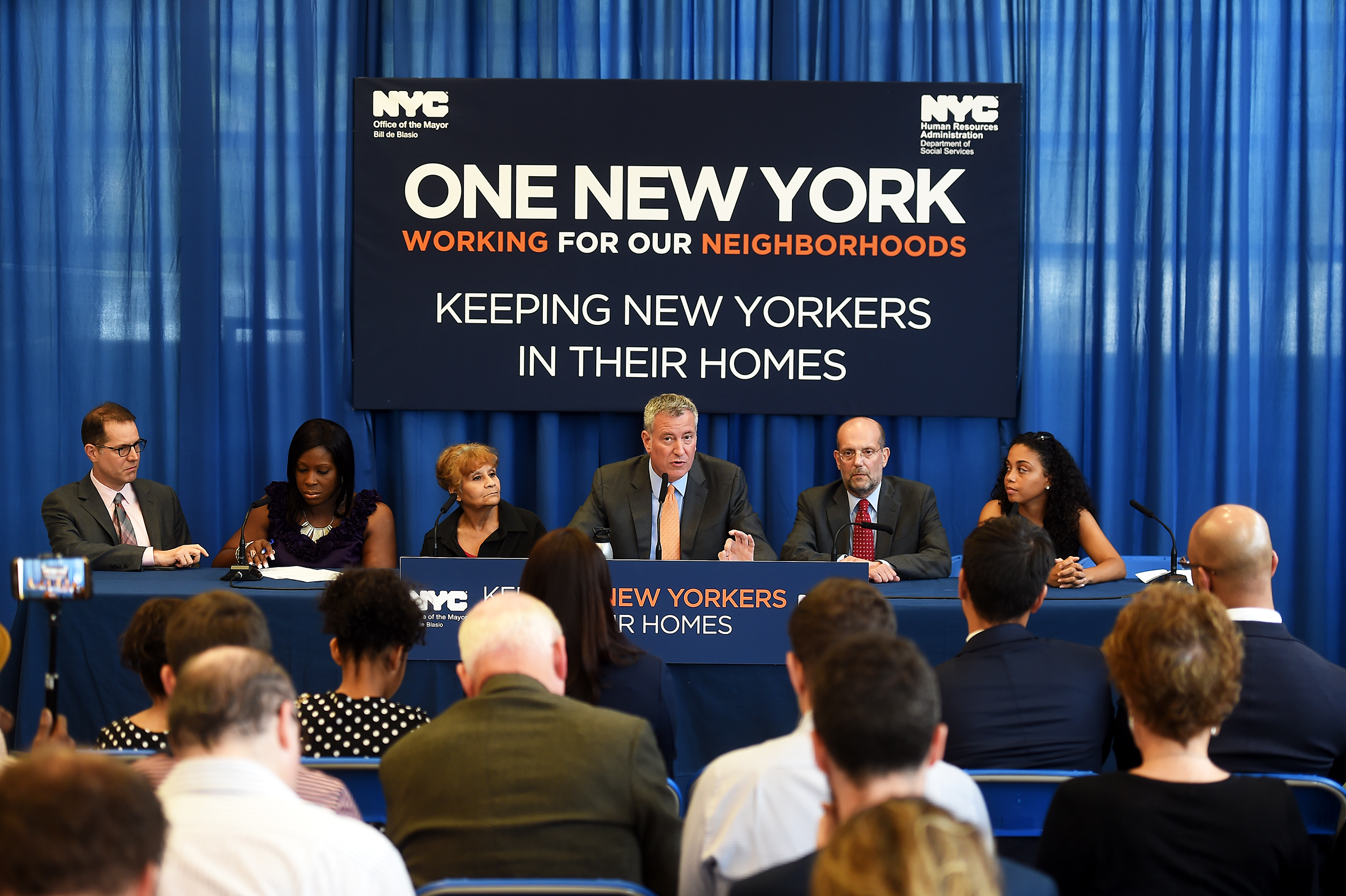 Mayor Bill de Blasio makes an announcement regarding legal representation for tenants in housing court at the High Bridge Library in the Bronx, New York.