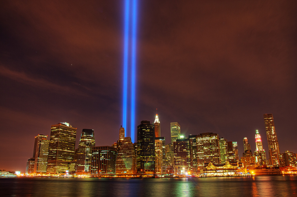 The Tribute in Light is illuminated on the skyline of lower Manhattan.