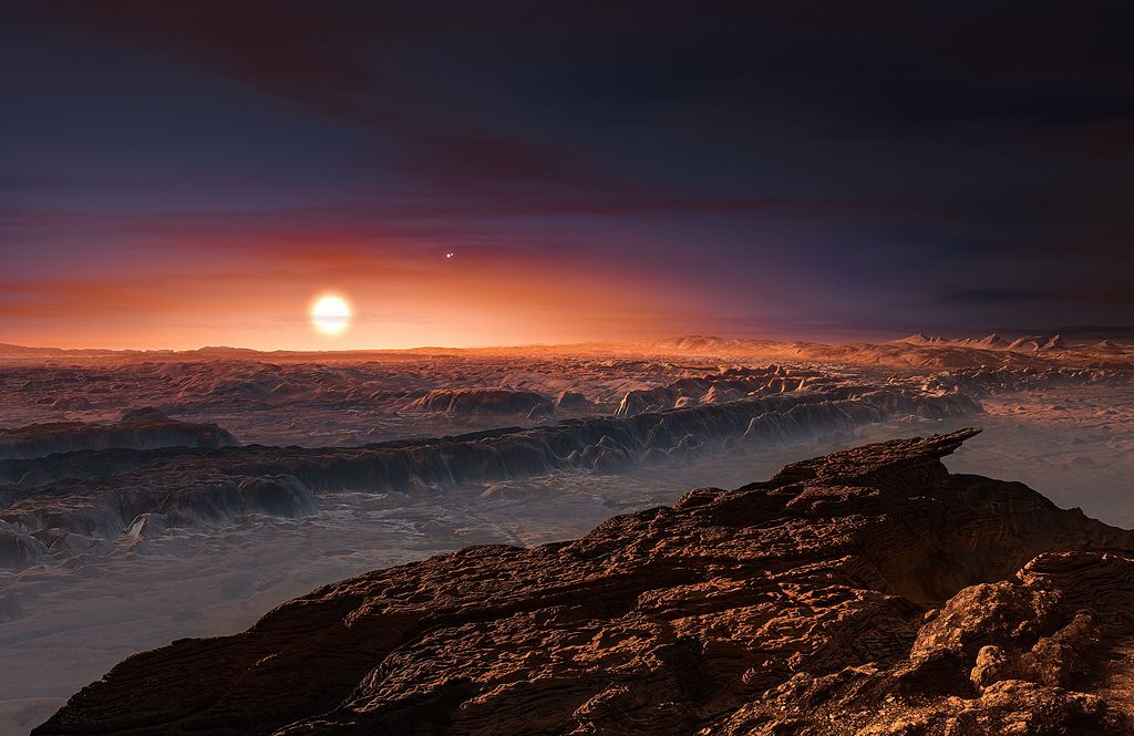 Artist's rendering of a view of the surface of the planet Proxima b orbiting the red dwarf star Proxima Centauri