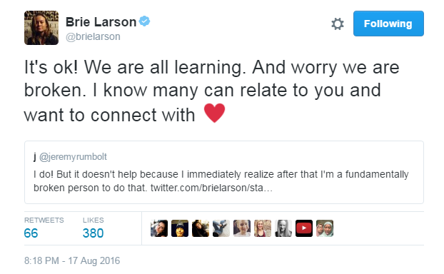 If this acting thing doesn't work out, Larson has a bright future as a psychologist.