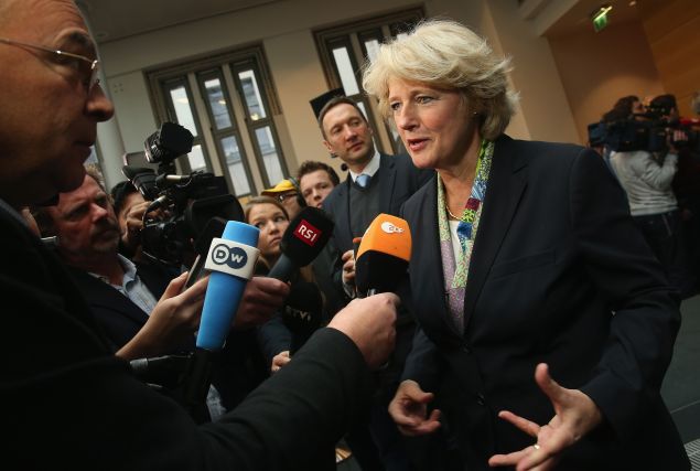 German State Culture Minister Monika Grütters speaks to the media after signing an agreement moments before with Swiss and Bavarian representatives over the future of the Gurlitt Collection on November 24, 2014 in Berlin, Germany. Cornelius Gurlitt, son of Nazi-era German art collector Hildebrand Gurlitt, horded a massive collection of art, much of it believed to originate from Jewish families persecuted by the Nazis, in his Munich apartment for decades until Bavarian tax authorites came across it last year in a revelation that stunned the art world. Cornelius Gurlitt has since died and bequeathed the collection to the Kunstmuseum Bern art museum, and the museum, today with the German government, announced it is accepting the collection and outlined its plan how it will deal with possible cliams from families and museums who might have a legitimate claim on the works.