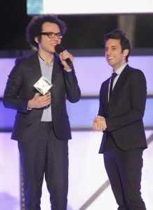 Ian Axel and Chad Vaccarino of A Great Big World accept an award onstage at Logo TV's 2014 NewNowNext Awards at the Kimpton Surfcomber Hotel oin Miami.