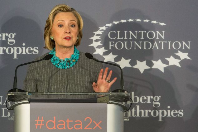 Hillary Clinton speaks at a press conference announcing a new initiative between the Clinton Foundation, United Nations Foundation and Bloomberg Philanthropies, titled Data 2x on December 15, 2014 in New York City.