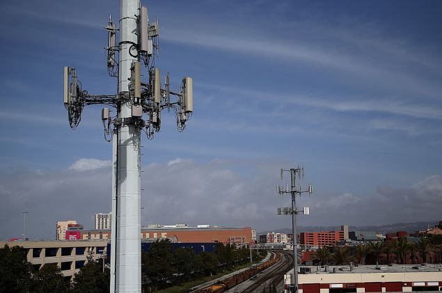 EMERYVILLE, CA - MARCH 06: A view of cellular communication towers on March 6, 2014 in Emeryville, California. The U.S. Labor Department is asking mobile phone providers to increase safety training for crews who perform work on cell tower sites in the United States. According to the Occupational Safety and Health Administration (OSHA), more tower site workers died in 2013 than in the previous two years combined and four workers have died in the first weeks of 2014.