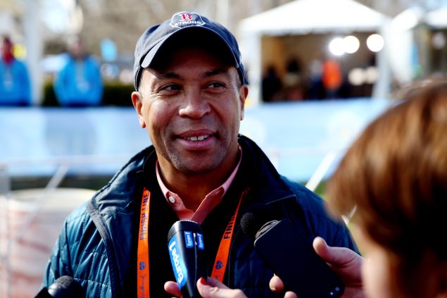 Governor Deval Patrick speaks to the media after the start of the Mobility Impaired division of the 118th Boston Marathon on April 21, 2014 in Hopkinton, Massachusetts. 