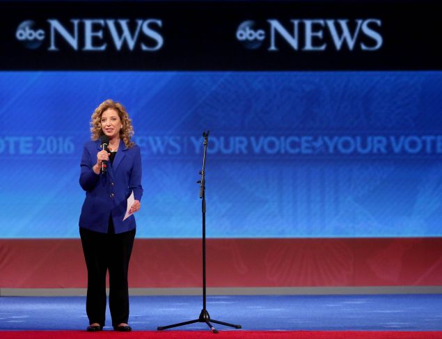 MANCHESTER, NH - DECEMBER 19: Democratic National Committee Chair Debbie Wasserman Schultz speaks to the crowd prior to the Democratic debate at Saint Anselm College December 19, 2015 in Manchester, New Hampshire. This is the third Democratic debate featuring Democratic candidates Hillary Clinton, Bernie Sanders and Martin O'Malley. (Photo by Andrew Burton/Getty Images)