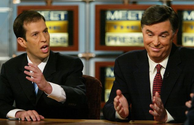 WASHINGTON - AUGUST 22: Tad Devine (R), senior advisor of the Kerry-Edwards campaign, reacts as he debates Ken Mehlman (L), campaign manager of the Bush-Cheney campaign, on NBC's "Meet the Press" during a taping at the NBC Studios August 22, 2004 in Washington, DC. Devine and Mehlman talked about the swiftboat advertisement controversy that has accused Democratic presidential candidate Senate John Kerry (D-MA) of lying about his war record.