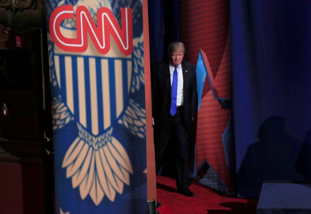 Republican Presidential candidate Donald Trump enters the stage as he takes part in a town hall event moderated by Anderson Cooper March 29, 2016 in Milwaukee, Wisconsin.