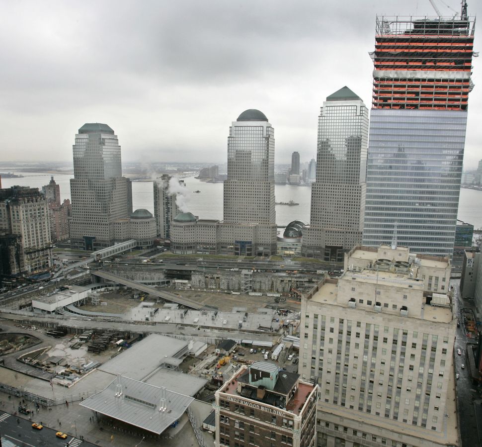 Work underway in 2005 on 7 World Trade Center (R), the first building to be reconstructed at the site of the 2001 World Trade Center terrorist attacks.
