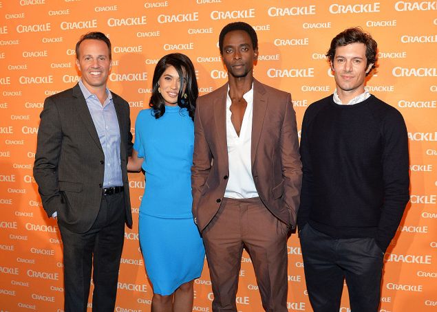 NEW YORK, NY - APRIL 20: (L-R) Sony Pictures Television executive vice president of Digital Networks and Crackle general manager Eric Berger, actors Otmara Marrero, Edi Gathegi and Adam Brody attend Crackle's 2016 Upfront Presentation at New York City Center on April 20, 2016 in New York City.