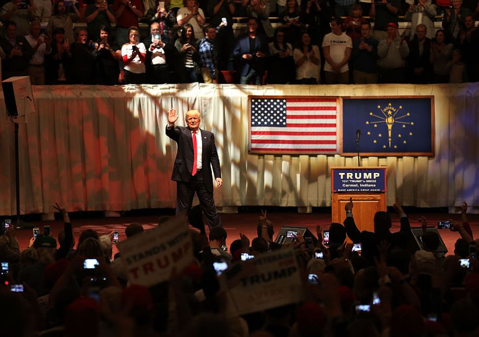 CARMEL, IN - MAY 02: Republican presidential candidate Donald Trump speaks during a campaign stop at the Palladium at the Center for the Performing Arts on May 2, 2016 in Carmel, Indiana. Trump continues to campaign leading up to the state of Indiana's primary day on Tuesday. 