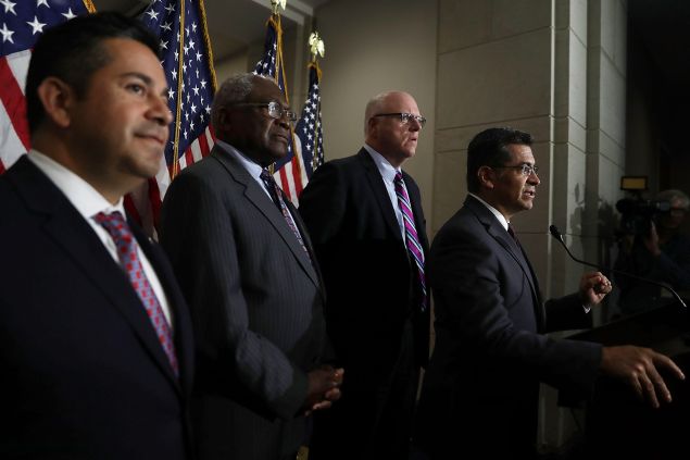 WASHINGTON, DC - JUNE 22: (R-L) House Democratic Caucus Chair Rep. Xavier Becerra (D-CA) speaks to members of the media as House Democratic Caucus Vice Chair Rep. Joseph Crowley (D-NY), Assistant Minority Leader Rep. James Clyburn (D-SC) and Chairman of Democratic Congressional Campaign Committee Rep. Ben Ray Lujan (D-NM) listen after a House Democratic Caucus meeting June 22, 2016 on Capitol Hill in Washington, DC