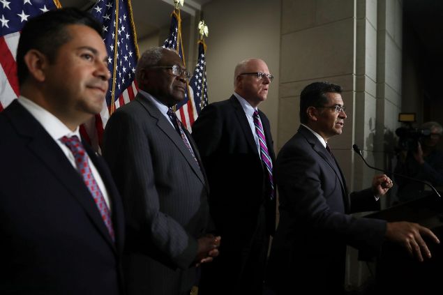 WASHINGTON, DC - JUNE 22: (R-L) House Democratic Caucus Chair Rep. Xavier Becerra (D-CA) speaks to members of the media as House Democratic Caucus Vice Chair Rep. Joseph Crowley (D-NY), Assistant Minority Leader Rep. James Clyburn (D-SC) and Chairman of Democratic Congressional Campaign Committee Rep. Ben Ray Lujan (D-NM) listen after a House Democratic Caucus meeting June 22, 2016 on Capitol Hill in Washington, DC 