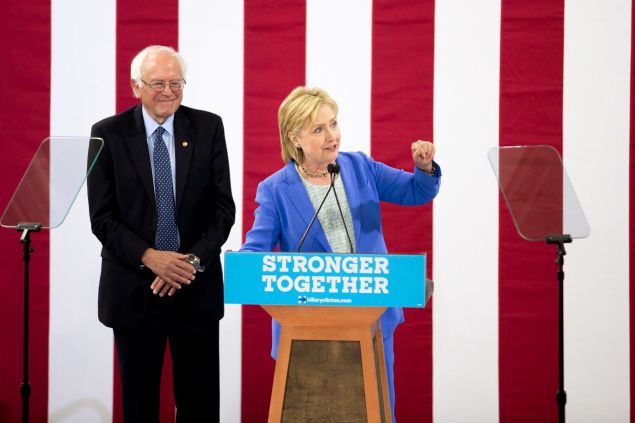 Presumptive Democratic presidential candidate Hillary Clinton speaks at a rally in Portsmouth, New Hampshire where she received an endorsement from senator Bernie Sanders.