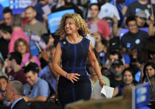 Democratic National Committee Chair, Congresswoman Debbie Wasserman Schultz of Florida arrives to address a campaign rally for Democratic presidential candidate Hillary Clinton and running mate Tim Kaine at Florida International University in Miami, Florida, July 23, 2016. Embattled Democratic Party chair Debbie Wasserman Schultz said July 24, 2016 she is resigning, following a leak of emails suggesting an insider attempt to hobble the campaign of Hillary Clinton's rival in the White House primaries Bernie Sanders. 