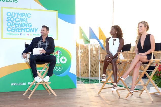 Host Ryan Seacrest and olympians Dawn Harper-Nelson and Tara Lipinski.