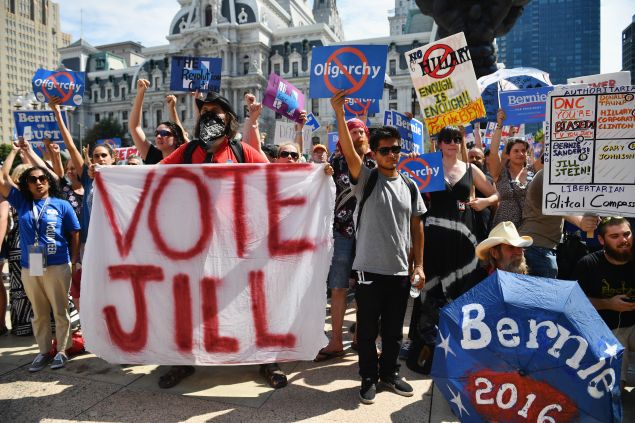 PHILADELPHIA, PA - JULY 27: Bernie Sanders supporters gather near City Hall on day three of the Democratic National Convention (DNC) on July 27, 2016 in Philadelphia, Pennsylvania