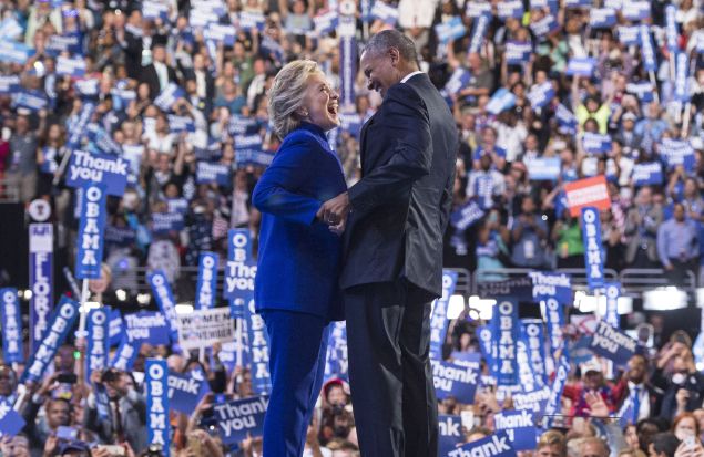 President Barack Obama is joined by US Democratic presidential candidate Hillary Clinton.