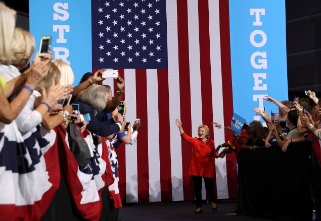 PITTSBURGH, PA - Democratic presidential nominee former Secretary of State Hillary Clinton greets supporters during a campaign rally with democratic vice presidential nominee U.S. Sen Tim Kaine (D-VA) at the David L. Lawrence Convention Center on July 30, 2016