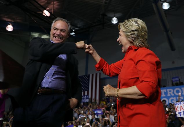 Democratic presidential nominee Hillary Clinton and democratic vice presidential nominee U.S. Sen Tim Kaine.
