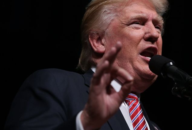 Republican presidential nominee Donald Trump speaks to voters during a campaign event at Briar Woods High School August 2, 2016 in Ashburn, Virginia. Trump continued to campaign for his run for president of the United States.