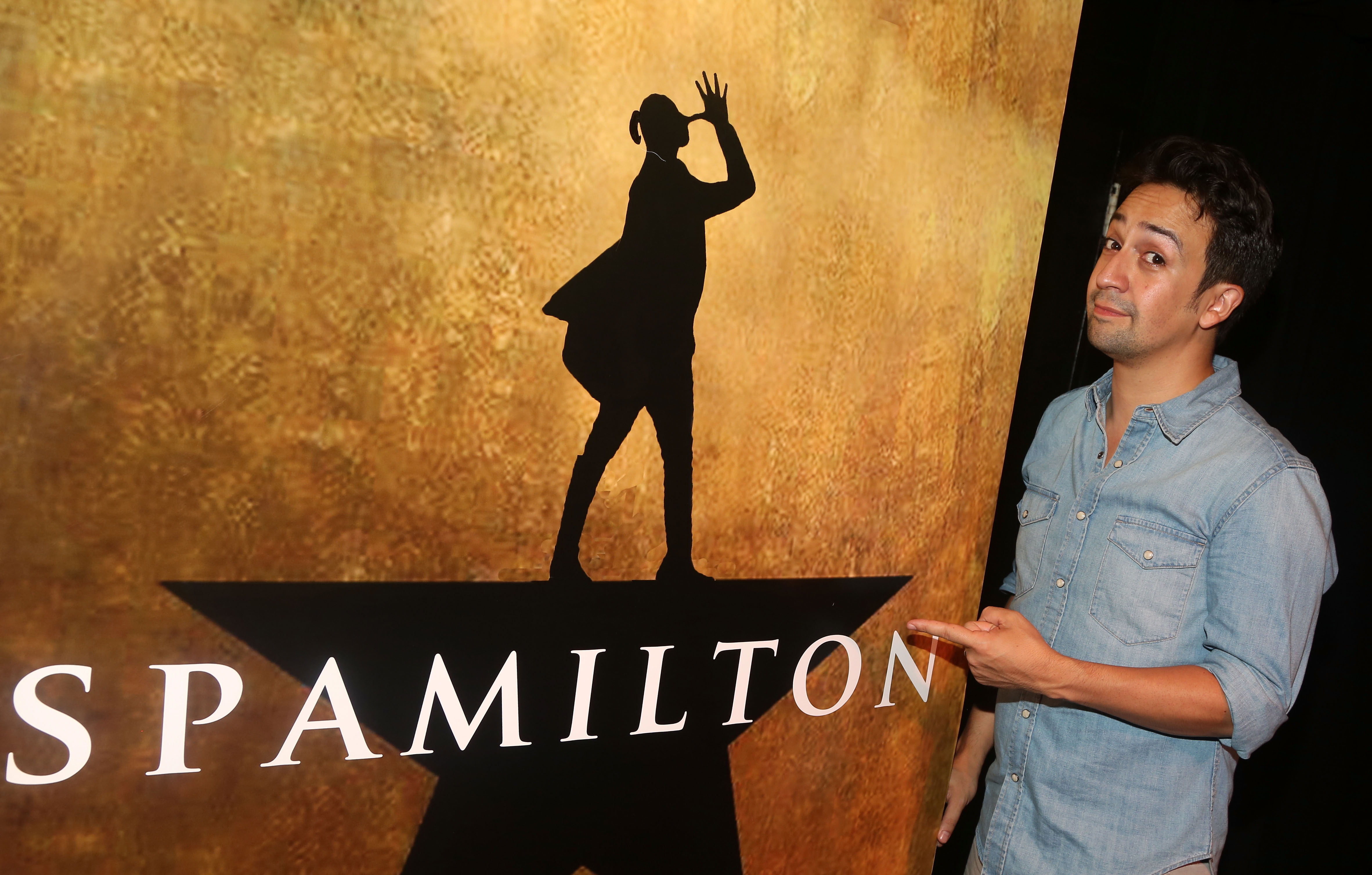 Lin-Manuel Miranda poses at the parody of "Hamilton" called Spamilton.