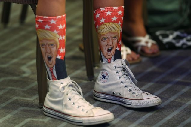 MIAMI BEACH, FL - AUGUST 11: Republican presidential nominee Donald Trump socks are seen as he speaks during an address to the National Association of Home Builders at the Fontainebleau Miami Beach hotel on August 11, 2016 in Miami Beach, Florida. Trump continued to campaign for his run for president of the United States.