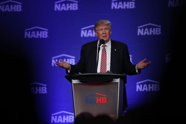 Republican presidential nominee Donald Trump speaks during an address to the National Association of Home Builders at the Fontainebleau Miami Beach hotel on August 11, 2016 in Miami Beach, Florida. Trump continued to campaign for his run for president of the United States.