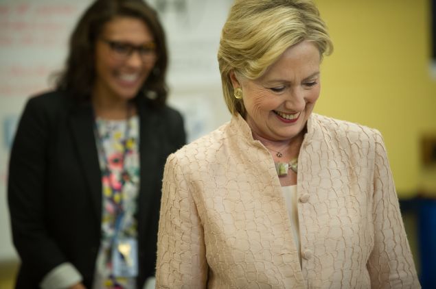 Democratic presidential candidate Hillary Clinton tours John Marshall High School August 17, 2016 in Cleveland, Ohio. Clinton was scheduled to speak at a rally at the school.