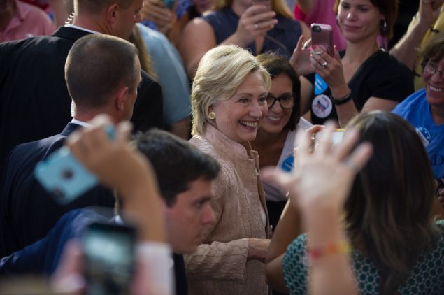 Democratic presidential candidate Hillary Clinton greets supporters at a rally at John Marshall High School August 17, 2016 in Cleveland, Ohio.
