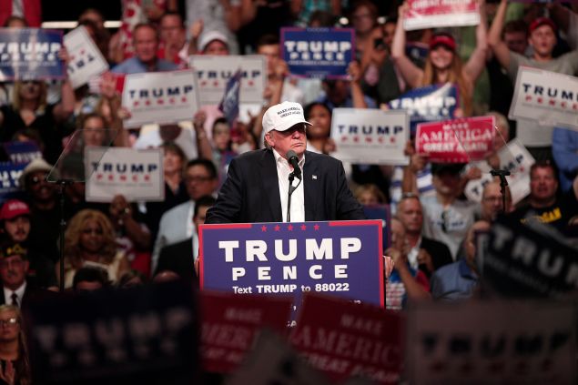 DIMONDALE, MI - AUGUST 19: Republican presidential nominee Donald Trump speaks at a campaign rally August 19, 2016 in Dimondale, Michigan. Trump toured flood-ravaged Louisiana earlier in the day,