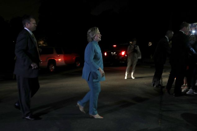 Democratic presidential nominee former Secretary of State Hillary Clinton preapres to greet supporters after attending a fundraiser on August 23, 2016 in Piedmont, California. Hillary Clinton is attending fundraisers in California.