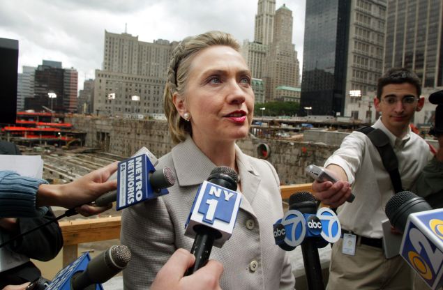 NEW YORK - JUNE 7: Sen. Hillary Rodham Clinton (D-NY speaks to reporters before a press conference at Ground Zero of the World Trade Center terrorist attacks June 7, 2002 in New York City. Housing and Urban Development (HUD) Secretary Mel Martinez presented New York WITH a $306 million installment of a $2 billion grant for assistance in recovering from the attacks.