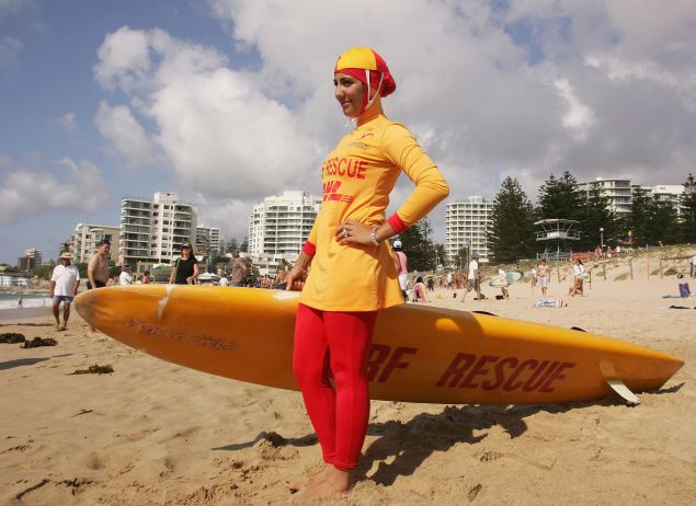 SYDNEY, AUSTRALIA - FEBRUARY 04: Mecca Laa Laa wears a 'Burqini' on her first surf lifesaving patrol at North Cronulla Beach February 4, 2007 in Sydney, Australia.