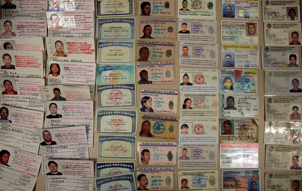 DEMING, NM - JUNE 27: The U.S. Border Patrol displays false identification cards, including fake Social Secruity cards and drivers licences that they have confiscated over the last few years June 27, 2007 in Deming, New Mexico. The U.S. Border Patrol station in Deming is responsible for protecting 47 miles of border and 14,000 square miles of rugged desert and mountain terrain in an area active with smugglers moving people. 