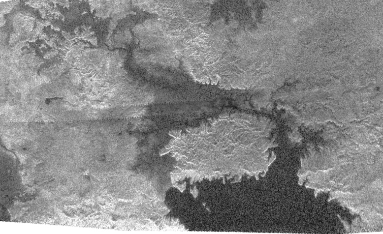 Cassini radar image of the northern region of Kracken Mare on Titan showing the large island of Mayda Insula.
