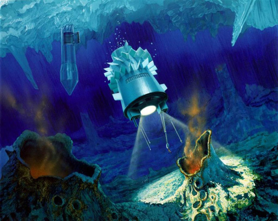Artist’s impression of a cryobot and submarine in the ice on Jupiter’s Europa.
