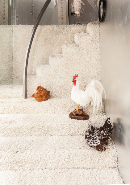 Roosters line the stairs of the duplex
