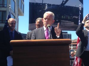 Councilman Jimmy Van Bramer tells workers that the developer lied to him.