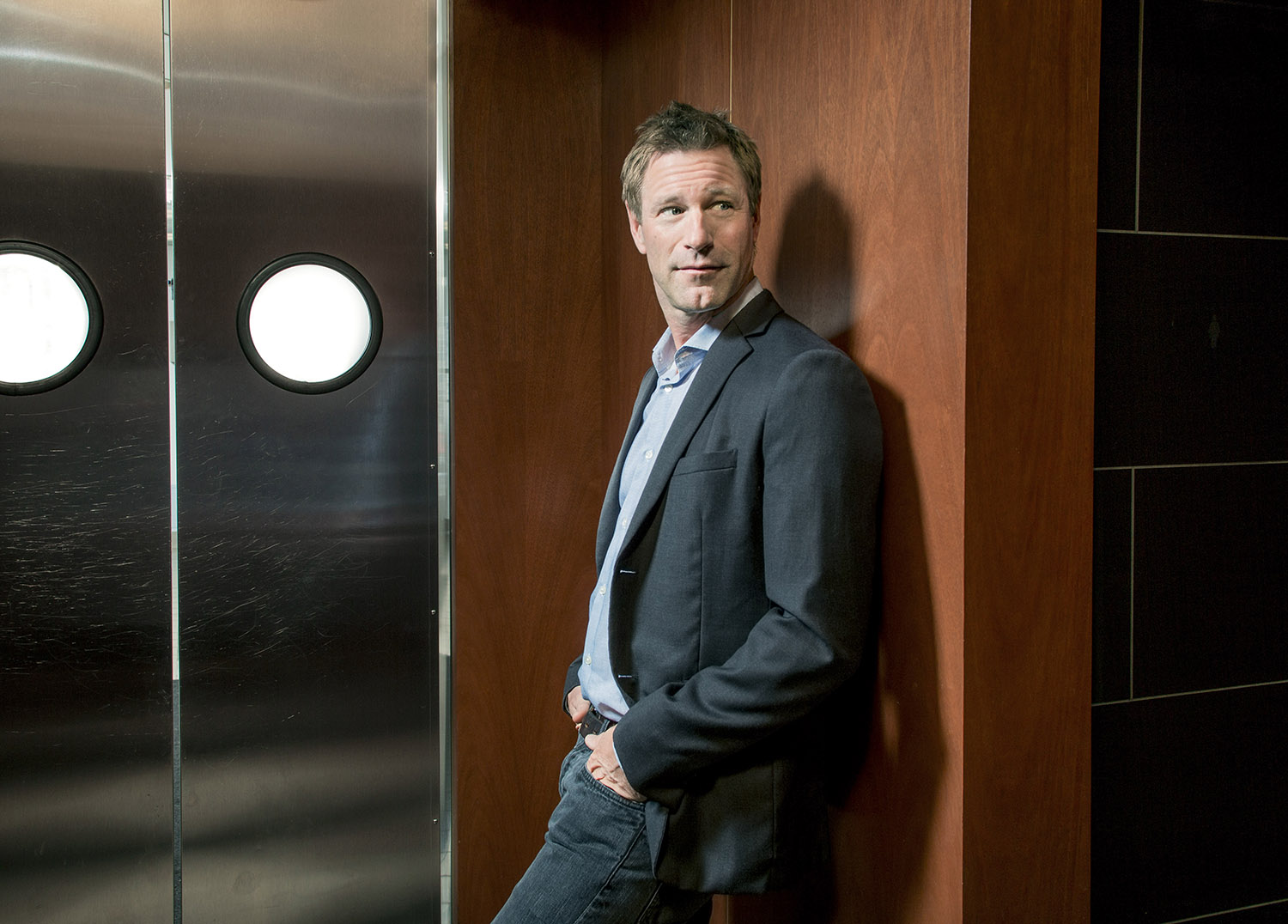 Aaron Eckhart on location in Los Angeles.