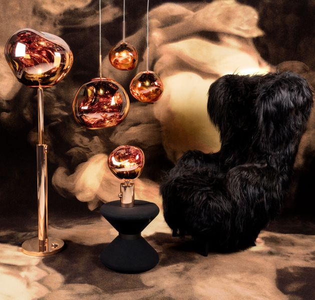 From left: Tom Dixon Melt Floor Copper, $1,620; Melt Pendant Copper, $1,100; Melt Mini Pendant Copper, $645; Melt Table Copper, $805; Drum Stool, from $620; Limited Edition Wingback Chair, Price upon request; Ege x Tom Dixon Smoke carpet, Price upon request. Available at Tom Dixon, 19 Howard Street, New York, NY.