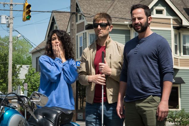Jenny Slate as Rose, Adam Scott as Robbie, and Nick Kroll as Bill in My Blind Brother.