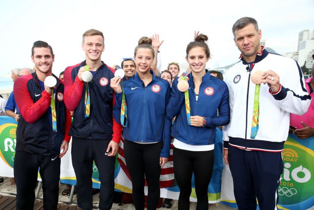 (l-r) US Olympians David Boudia, Steele Johnson, Kathleen Baker, Katie Meili and David Plummer.