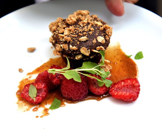 The Matthew Kenney x Sakara 'Chocolate Love Muffin' with almond butter and salted caramel sauce.