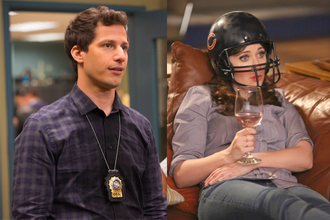 Andy Samberg in Brooklyn Nine-Nine, Zooey Deschanel in New Girl.