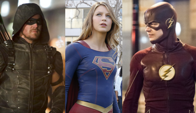 (L-R) Stephen Amell as Oliver Queen, Melissa Benoist as Kara Zor-El and Grant Gustin as Barry Allen.