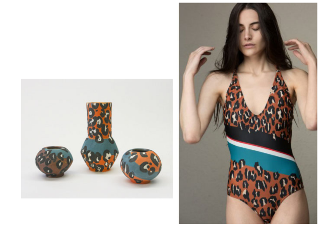 Ceramics on the left, fashion designs on the right