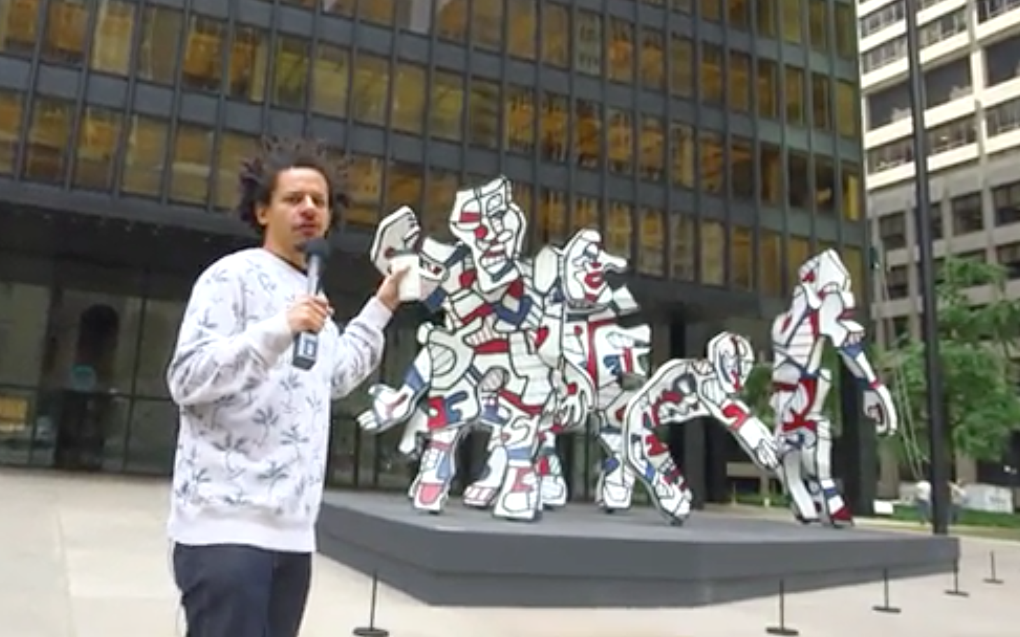 Eric André with Jean Dubuffet’s Welcome Parade at the Seagram Building on Park Avenue.